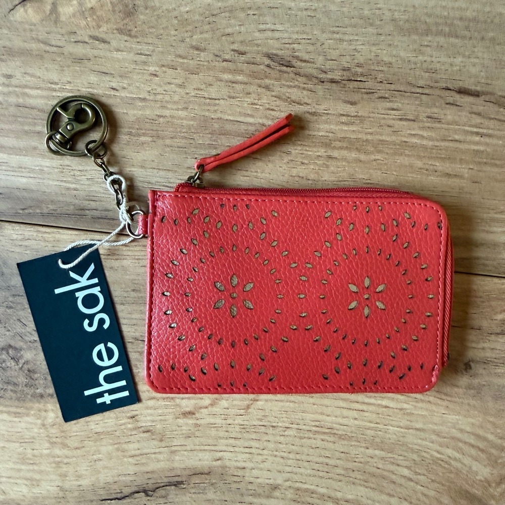 The Sak Iris Card Wallet Cayenne Mandala Perf Red Leather Keychain 106365 NWT